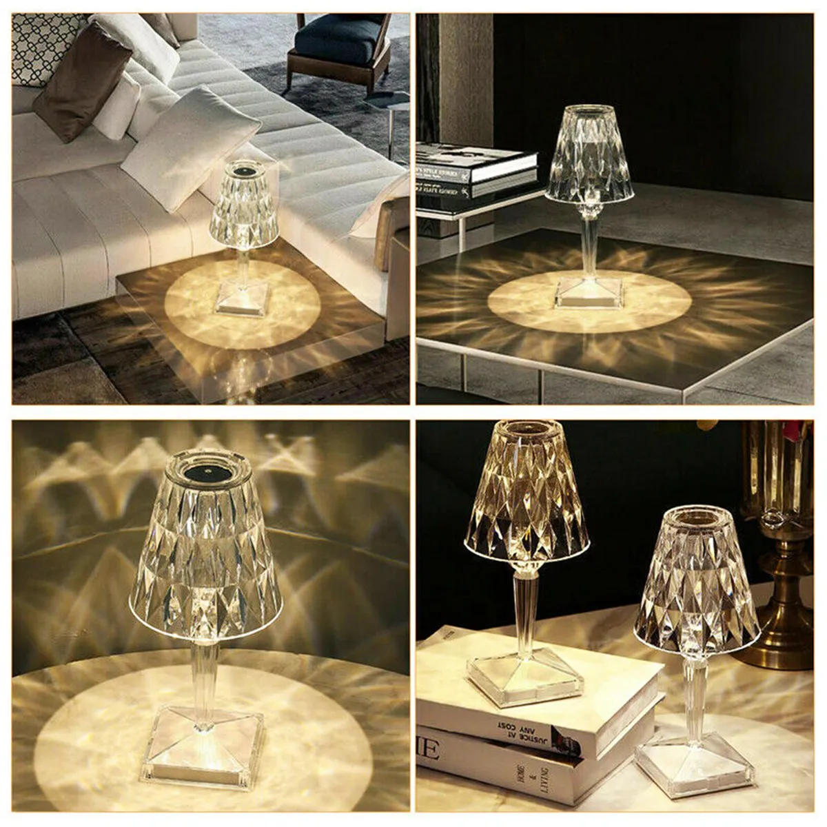 Lampada da tavolo con diamanti a 3 colori Lampada da tavolo da bar a LED in cristallo Lampada da comodino con sensore tattile ricaricabile dimmerabile per l'arredamento della camera da letto