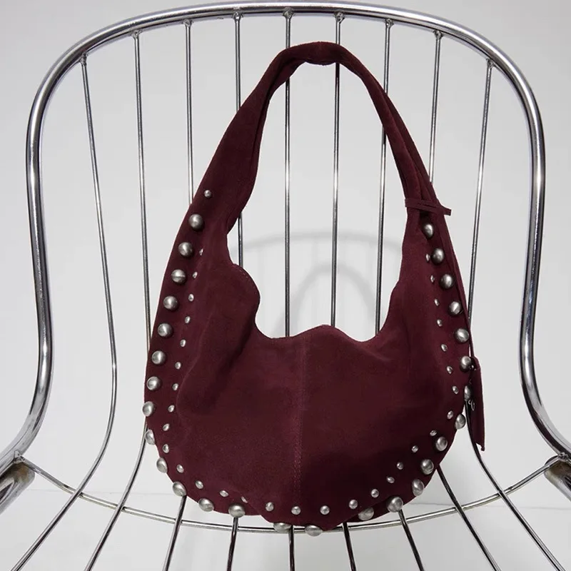 

Vintage Burgundy Studded Half Moon Faux Suede Women's Underarm Bag Luxury Designer Handbags and Wallets 2025 New Shoulder Bags