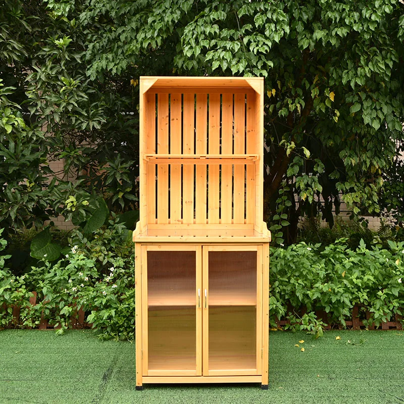 Garden Workbench Wooden Patio Workstation With Storage Shelves and Side Hook Exterior Potting Bench Work Table with Cabinet