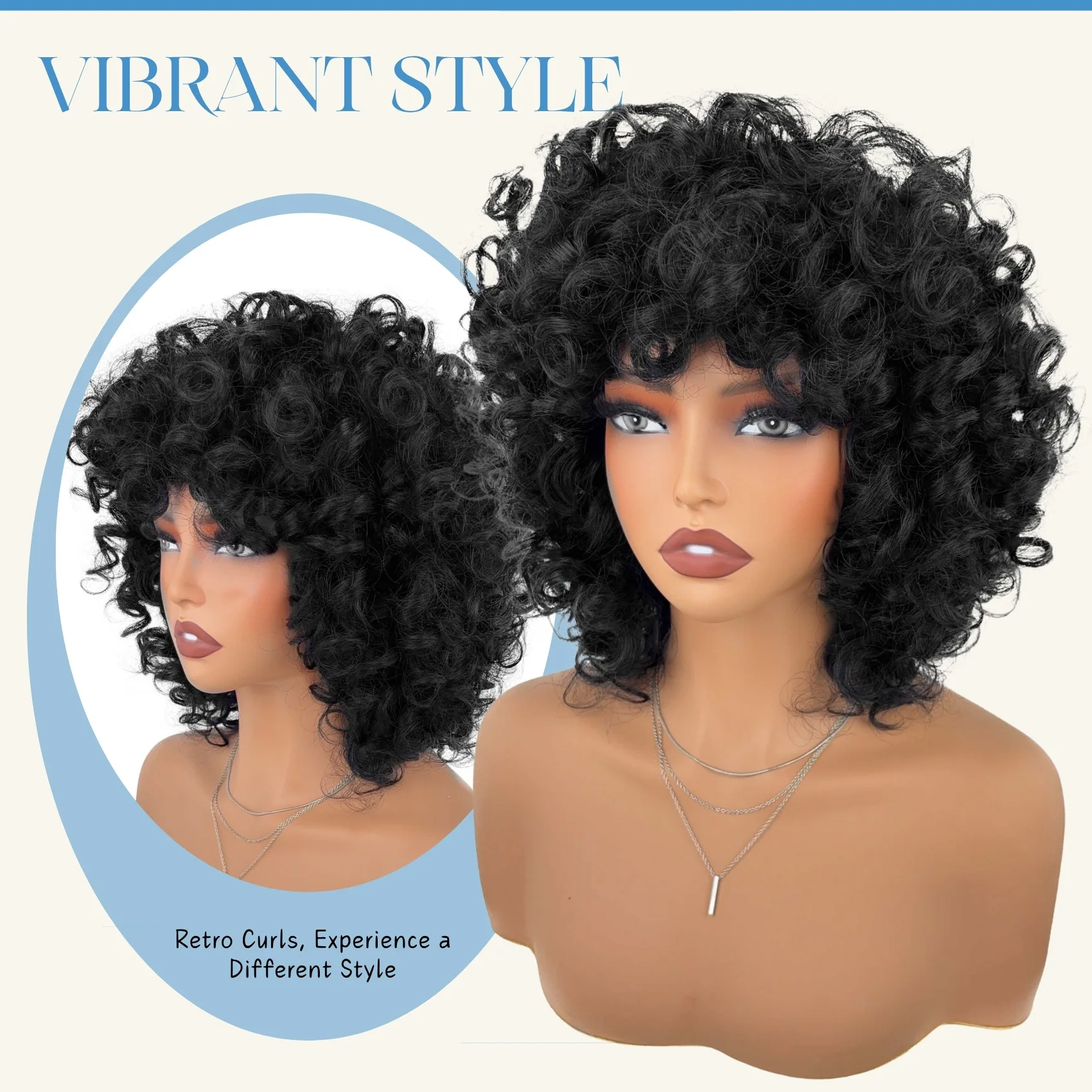 

Fashion Short Black Afro Curly Wig with Bangs Synthetic Wigs for Black Women Cheap Wigs on Clearance Sale