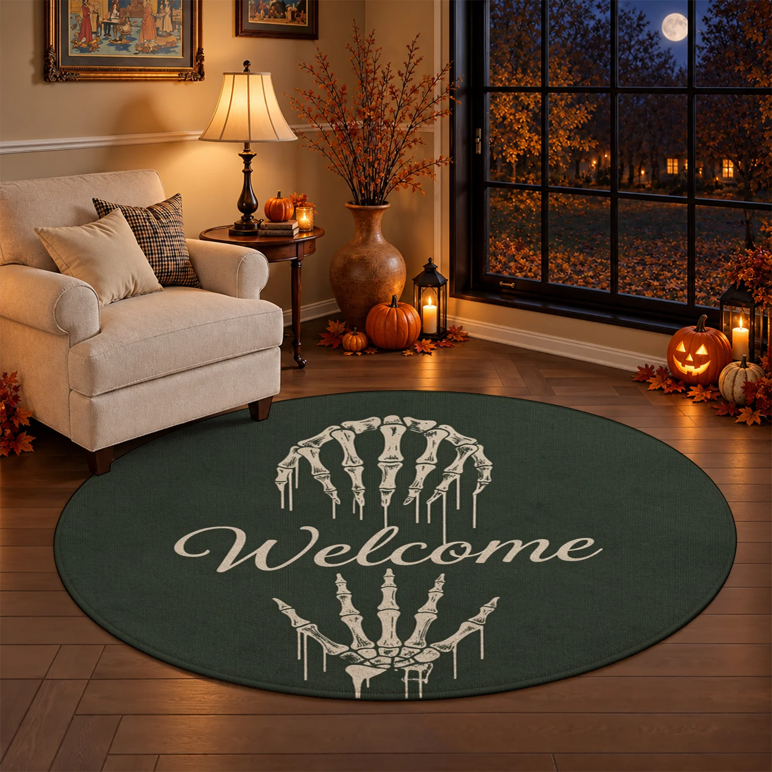 Soft Velvet Skeleton Hand Design Round Welcome Mat, Machine Washable Floor Mat for Entryway, Porch, Living Room, Halloween, Thanksgiving, Christmas, New Year Holiday Decor