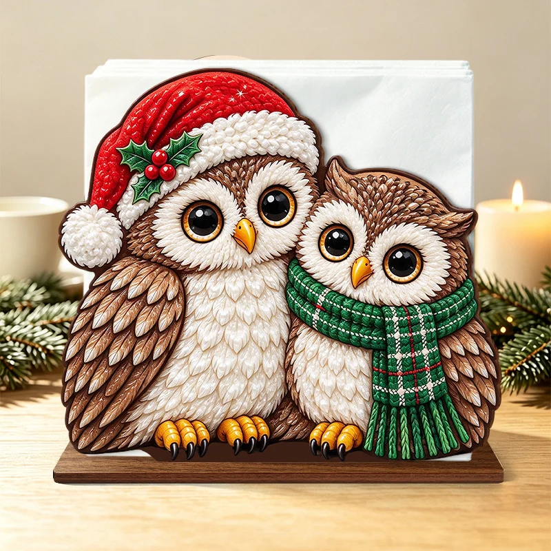Christmas Owl Napkin Holder, Wooden Table Napkin Storage Stand with Holly Berry Santa Hat & Cozy Scarf Owl