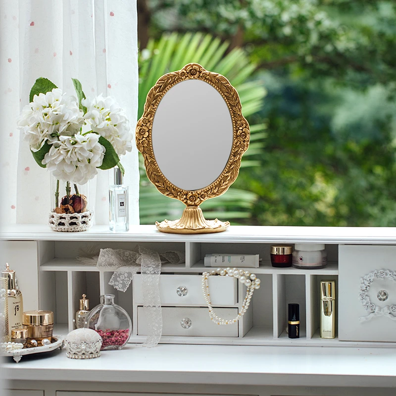 

French Retro Mirror Gold Classical Dressing Table Decorated Mirror Dormitory Bedroom Table Top Light Luxury Carved Mirror