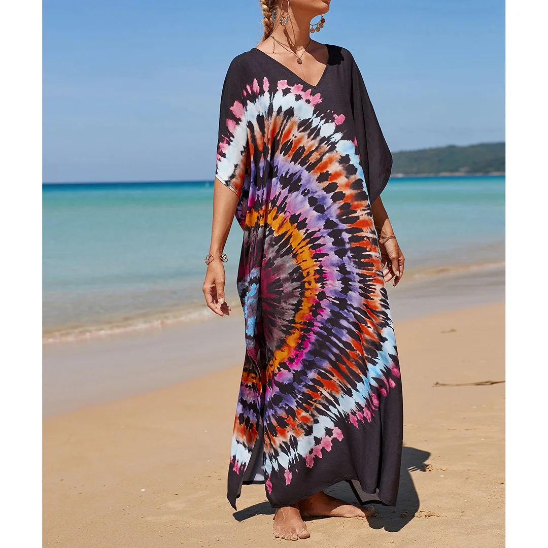 2026 Neues Buntes Kaftan-Tunika Strandkleid Strandmode Strandüberwurf Locker Sitzendes Maxikleid für Damen V4428 – Detail 32