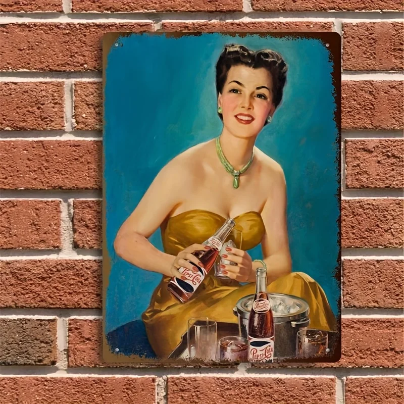 Metal Tin Sign Wall Art - Retro Iron Hanging Plaque with Classic Woman & Soda Bottle Design, , Ready to Hang Home Bar Cafe Gara