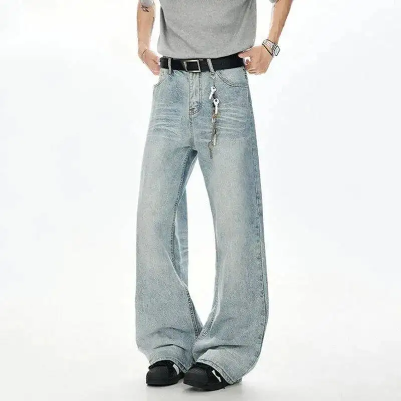 Korean Style Men Denim Pants Solid Color Washed Moustache Effect Wide Leg Trousers Loose Male Straight Jeans Summer 9W51R7