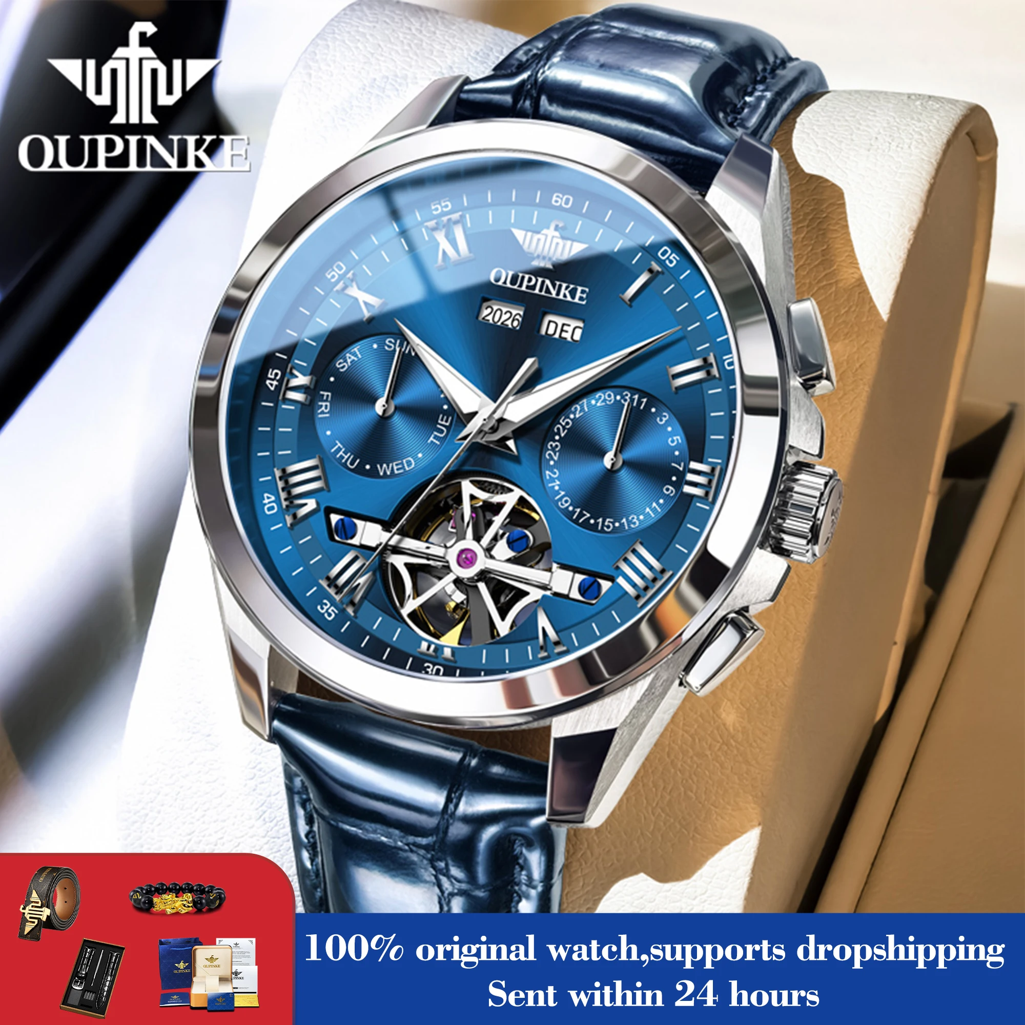 

OUPINKE 3281 Watches Man Flywheel Automatic Mechanical Watches For Man Week Date Waterproof Business Hand Clock Leather Strap