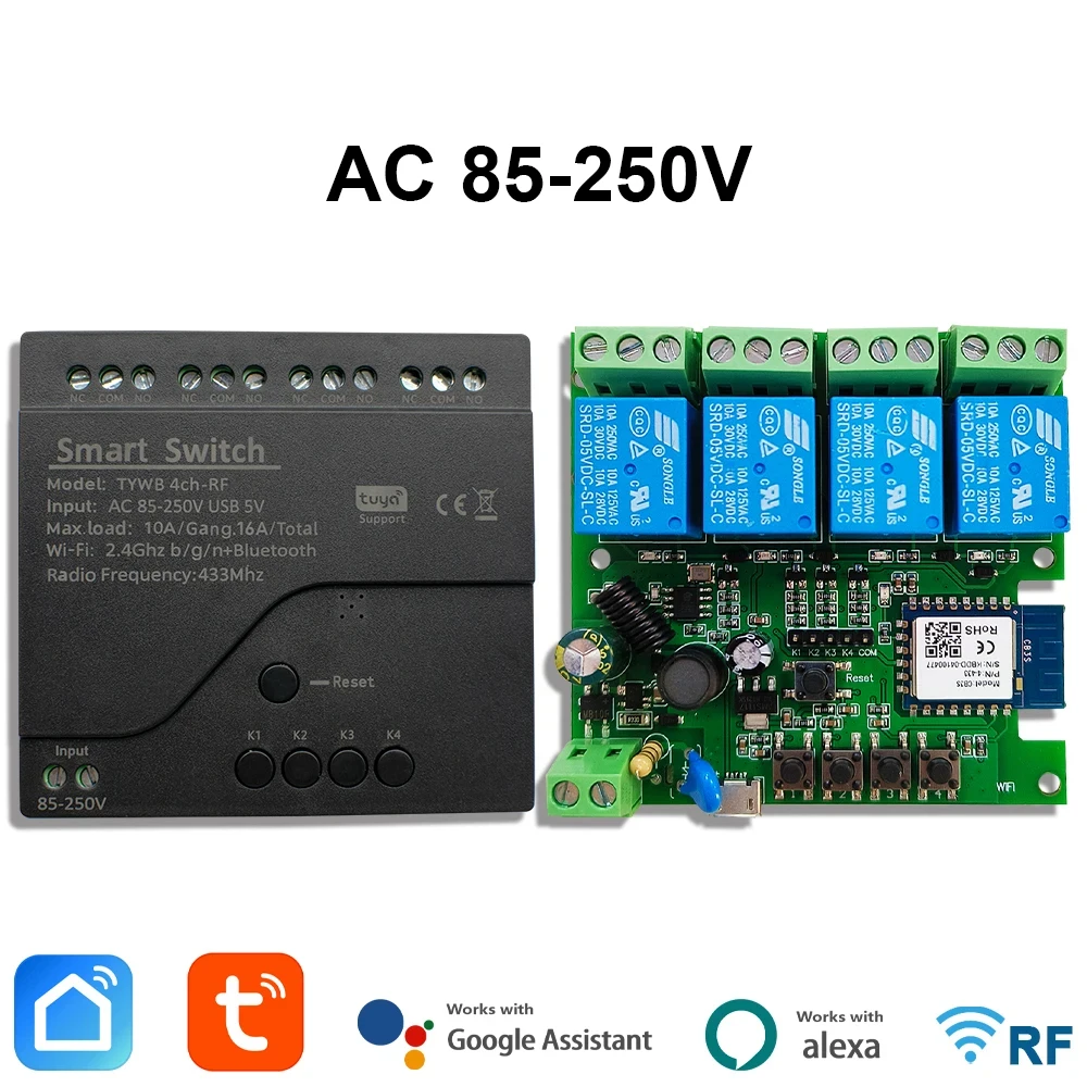 Tuya DC 85-250V 4 Channel Wifi Smart Home Appliance Control Switch Module 4CH 220V 10A Relay Momentary Toggle Interlock