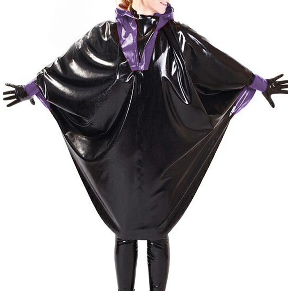 Glossy Fetish Hooded Long Capes, Wet Look Loose Robe Coat, Halloween Party, Shiny Faux Leather, Batwing Long Sleeve Ponchos