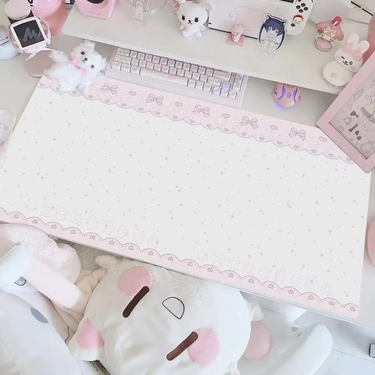 Sweet Pink Bow Strawberry Cartoon PU Leather Desk Mat Office Mouse Pad Computer Type Carpet Mat Laptop Non-Slip Desk Blotter Pad