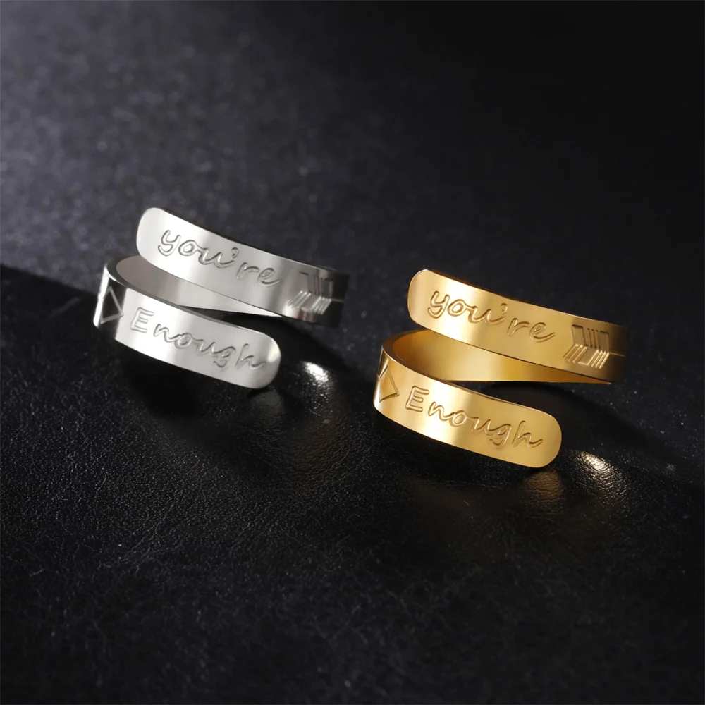 EUEAVAN Stainless Steel You're Enough Arrow Ring Adjustable Couple Wide Open Rings Inspirational Engagement Wedding Jewelry Gift