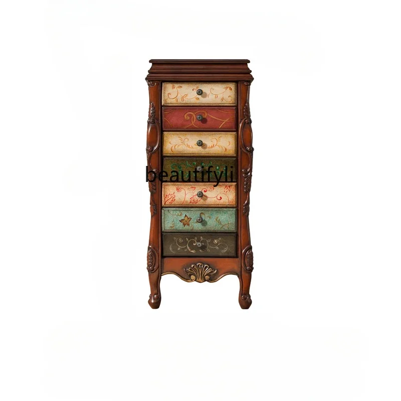 American country jewelry storage cabinet floor-to-ceiling European solid wood chest with mirror decoration   cosmetic cabinet