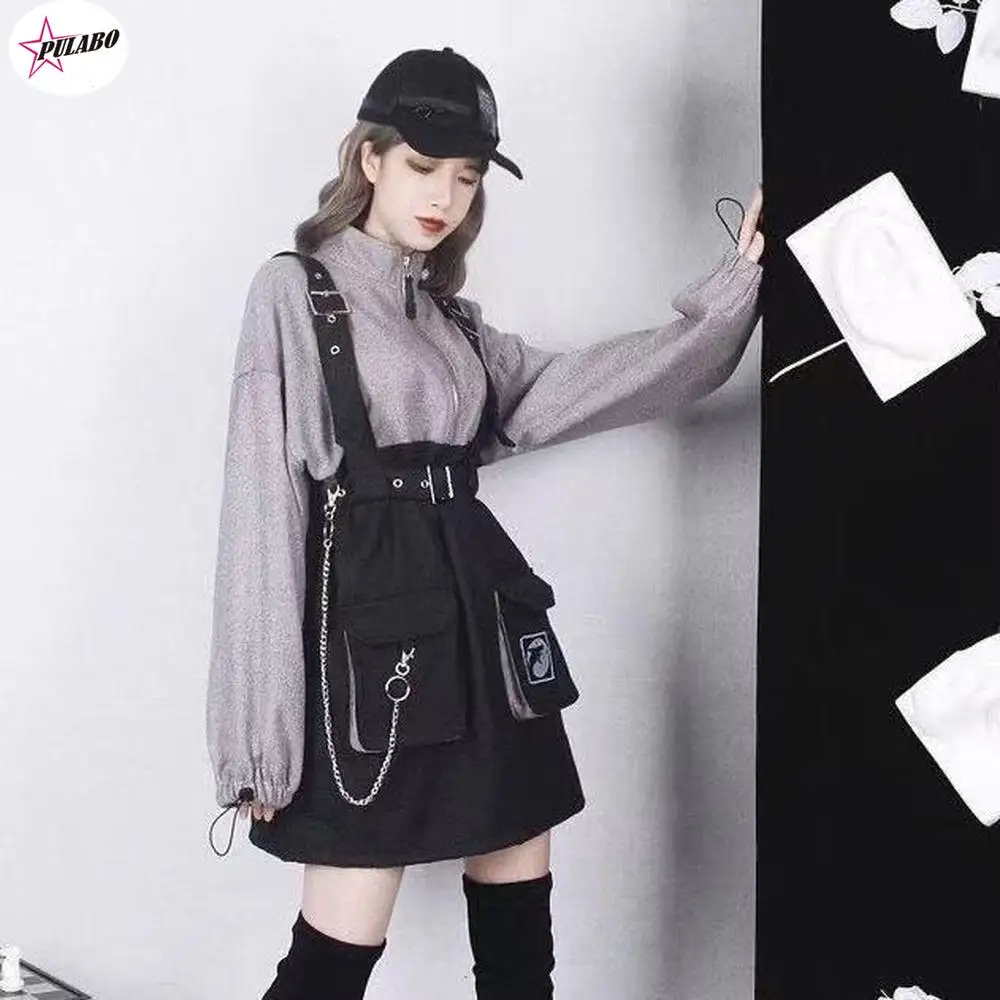 PULABO Vintage Women Gothic Punk Lolita Casual High Waist Long Sleeve Hat Collar Sexy Gry Black Girls Mini Gothic Clothes Female