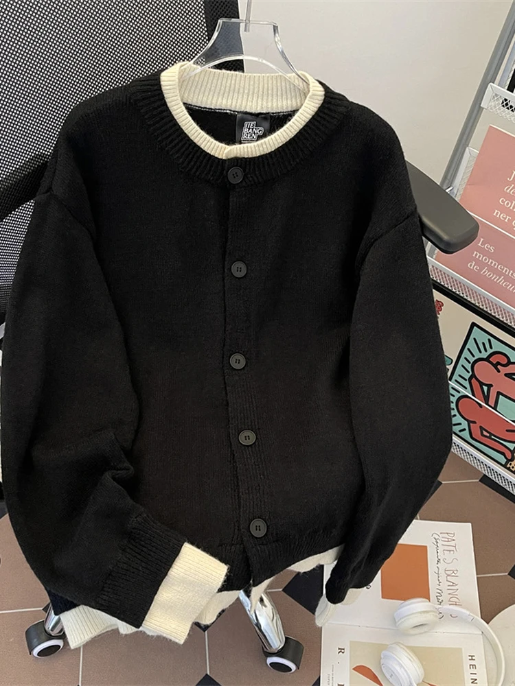 

American College Sle Fake Two-Piece Open Cardigan Sweater ex Autumn Winter Lazy Sle Simple Splicing Knittedwear Coupl...