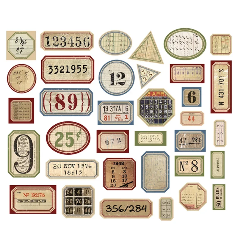 31Pcs Number Label Junk Journal Ephemera Vintage Stickers Retro DIY Album Tim Holtz Style Scrapbooking Material Craft Stickers