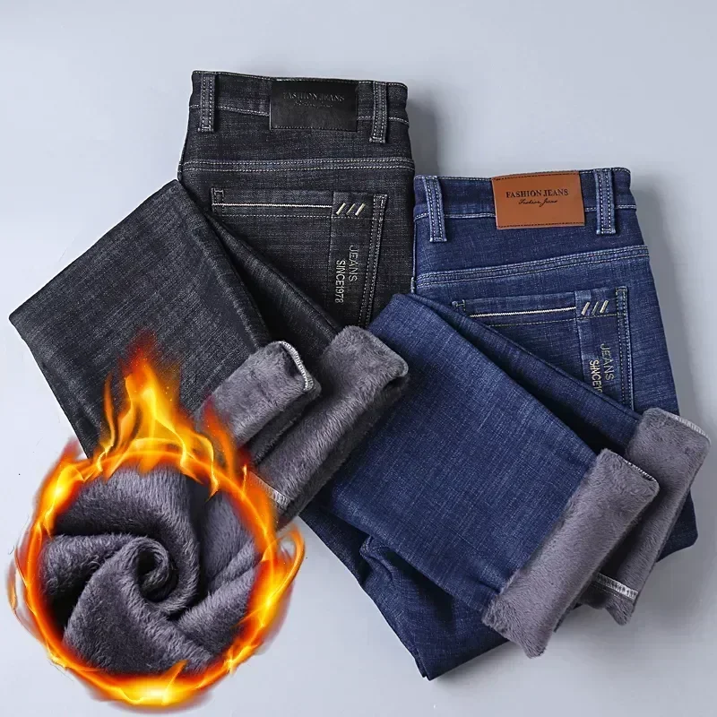 Winter Thermal Warm Flannel Stretch Jeans Mens Winter Quality Famous Brand Fleece Pants Men Straight Flocking Trousers Jean Male