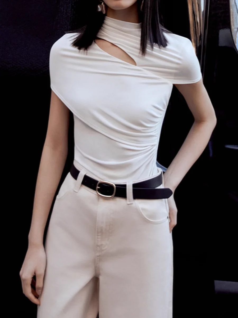 

Women Hollow Out White Slim T-Shirt 2025 New Stand Collar Short Sleeve Solid Color Casual Female Viscose Tee Tops