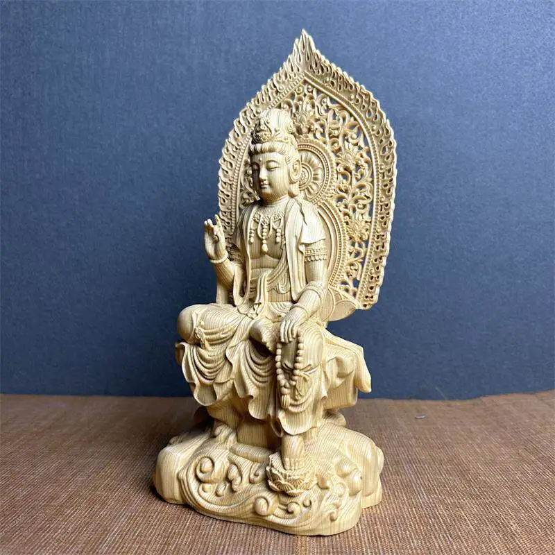 Cypress Seated Guanyin Small Figurine Solid Wood Carved Bodhisattva Altar Statue for Bookshelf Decor and Meaningful Gift Giving