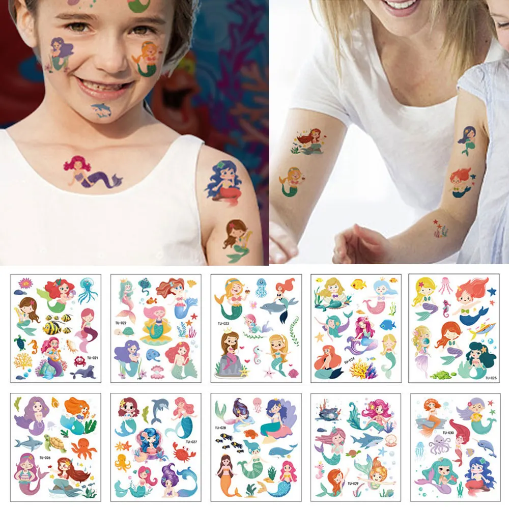 10pcs Children Cartoon Mermaid Princess Tattoo Sticker Face Sticker Cute Whale Octopus Temporary Tattoos for Face Hand Body Art