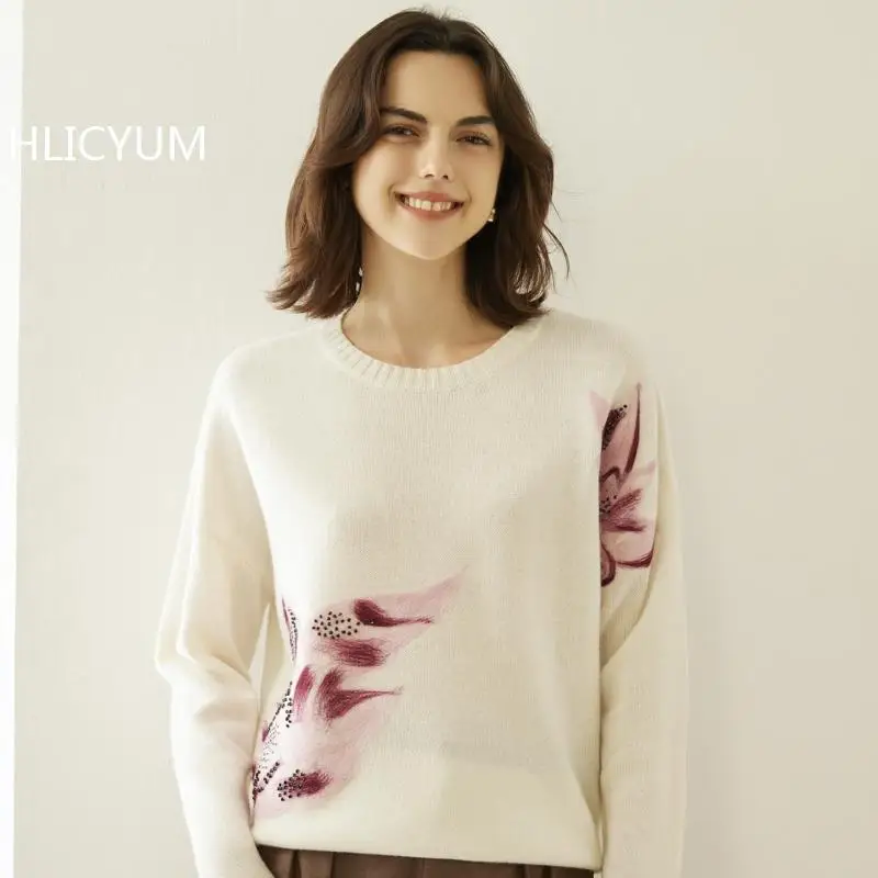 

Women's Autumn Winter Cashmere Sweater plus Size round Neck Knitwear Pullover Thick Warm Applique Loose Jumper