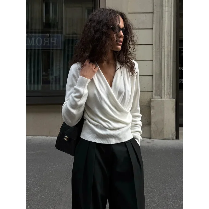 Autumn Fashion Knitted Top Women Solid Cross V-neck Long Sleeve Elegant Versatile T-shirt Minimalism Lady Knitwear Tops 2026