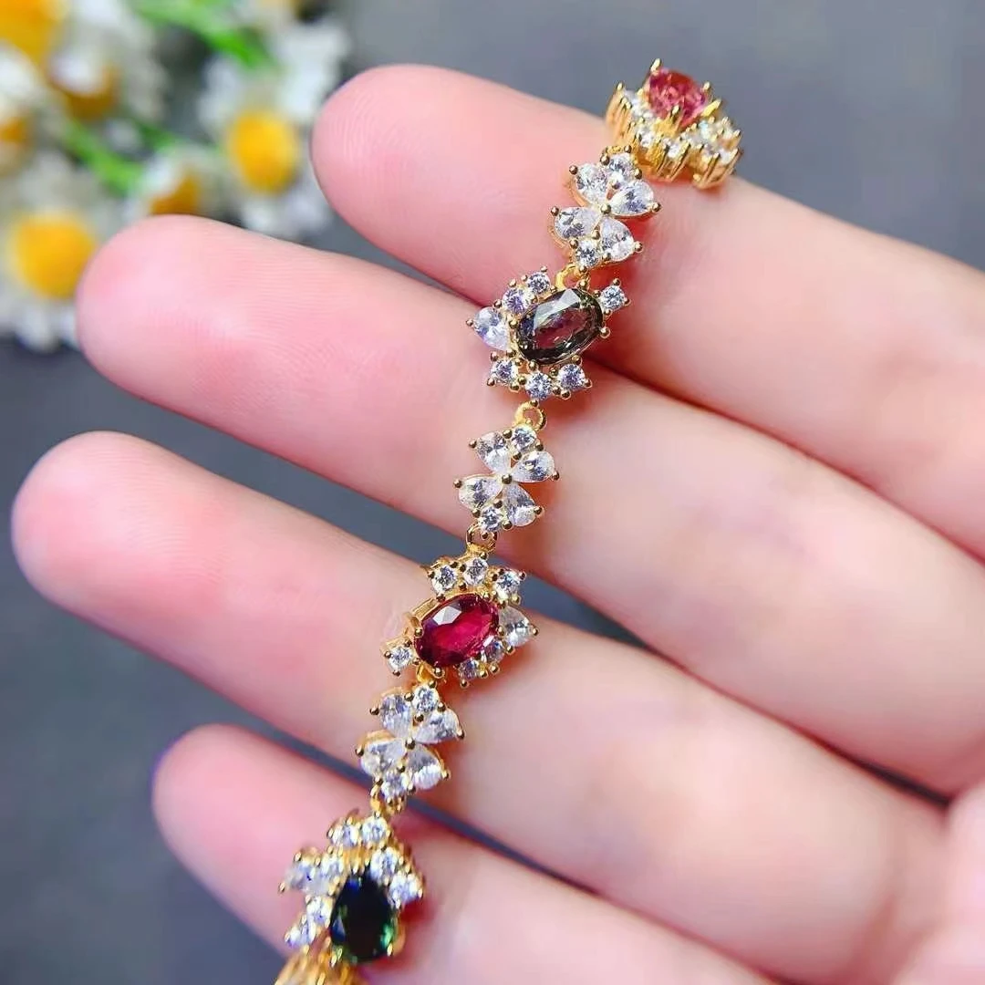 Unique Design Multi Tourmaline Bracelet for Party 4mm*6mm Total 4ct Natural Tourmaline 925 Silver Bracelet with 18K Gold Plating