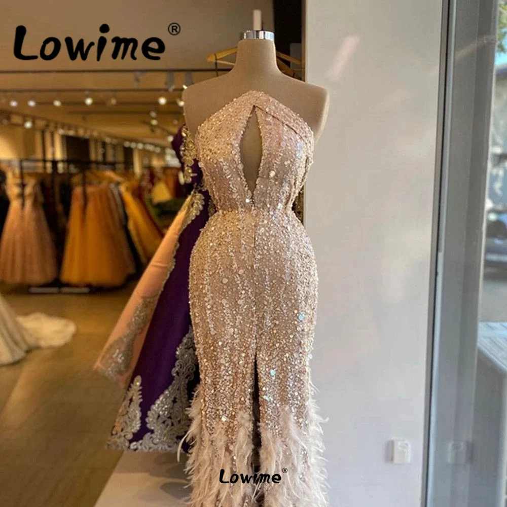 

Champagne Evening Dresses Arabic Feather Long Party Dress For Women Sequin Beaded Strapless Prom Gowns 2022 Celebrity Dresses