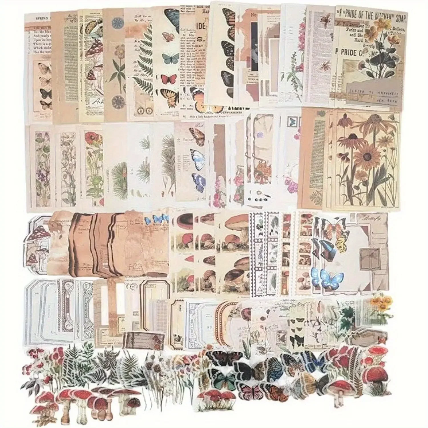 Nature-Inspired Scrapbooking Kit - 200-Piece Ephemera Set with 80 Washi Stickers, 120 Papers - Butterfly Garden, Botanical Prints, Vintage Elements, Woodland Creatures - Office Stationery for Customization, Mini Projects