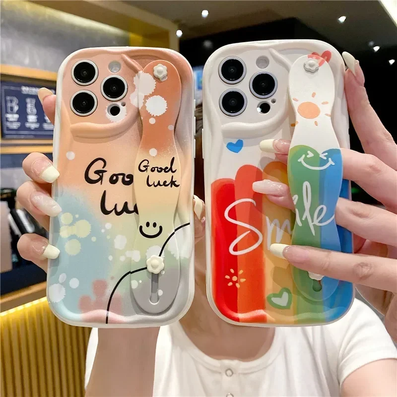 Fashion Smile Rainbow TPU Wrist Strap Holder Case for Redmi Note 13 Pro 12 11 10 9 9S 8 Redmi 14C 13 13C 12 10 10C 9 9A 9T Cover