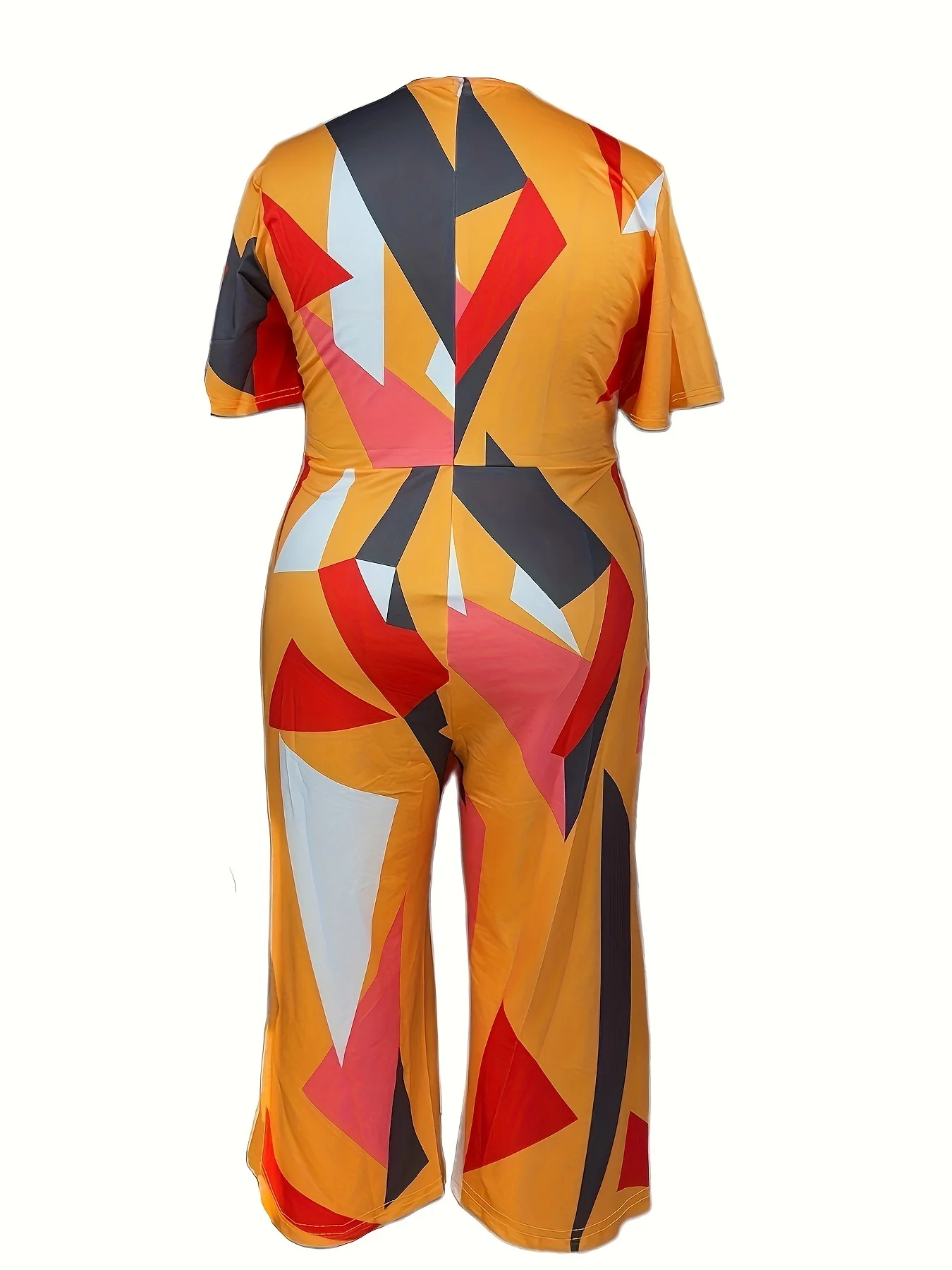 Plus Size Colorful Geometric Print Jumpsuit Casual Short Sleeve Split Wide Leg Jumpsuit Women\'s Plus Size Clothing