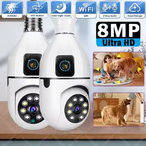 Câmera IP WiFi E27 Tipo Lâmpada 8MP, Monitor de Bebê Sem Fio com Rastreamento AI, Câmeras de Vigilância de Segurança para Animais de Estimação 5MP SmartLife Interna
