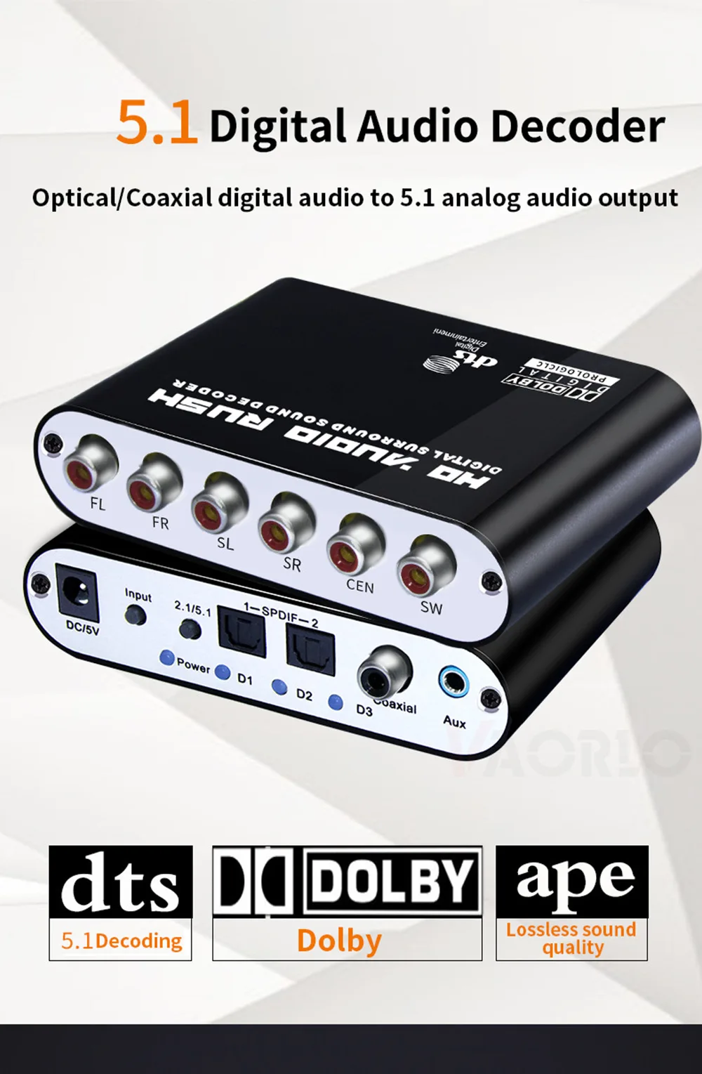 Dolby DTS/AC3 Audio Decoder Digital Fiber Coaxial to Analog 5.1 Channel Multichannel Converter