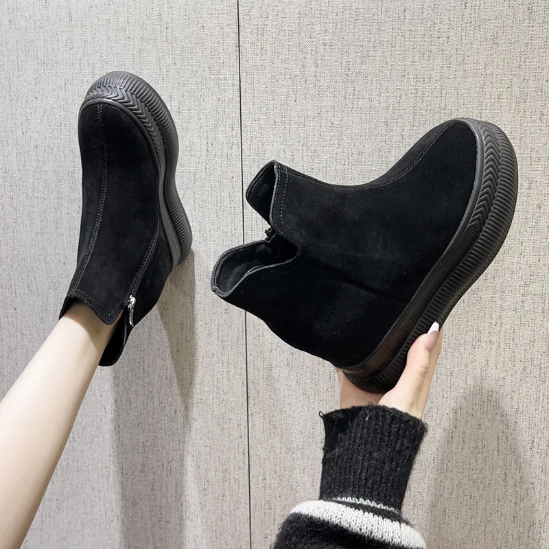 Fujin 10cm Cow Suede Genuine Leather Women Boots Ankle Mid Calf Booties High Top ZIP Autumn Winter Plush Platform Wedge Shoes