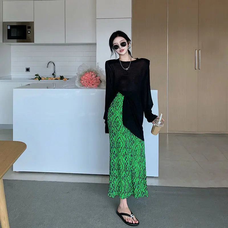 Net Yarn Split Hem Long Sleeve Solid Color T Shirts Summer New High Waist Printing A-line Skirt Trend Vintage Odzież damska