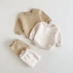 Ins Autumn Winter Newborn Boys 2PCS Clothes Set Cotton Floral Embroidery Baby Boys Sweatshirt Tracksuit Solid Jogger Pant Outfit