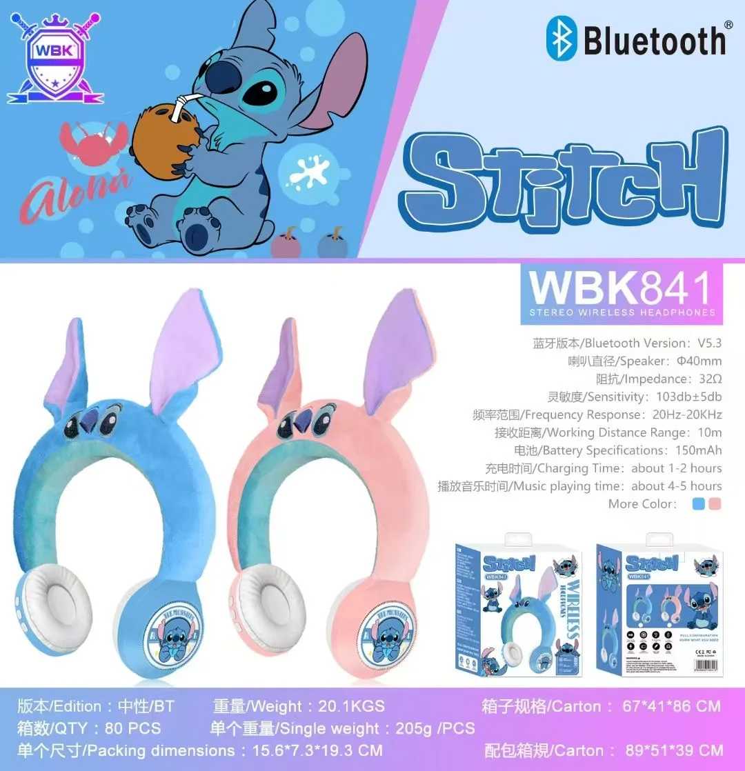 Nuove cuffie Bluetooth Disney Stitch HIFI Stereo Sound Peluche Auricolari Bluetooth wireless con microfono Anime Cartoon Regali per bambini