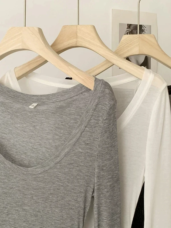 Stylish White Long Sleeve Thin U-Neck T-Shirt Korean Style Autumn Design Base Layer Top Women's Fashion Breathable Cotton Blend