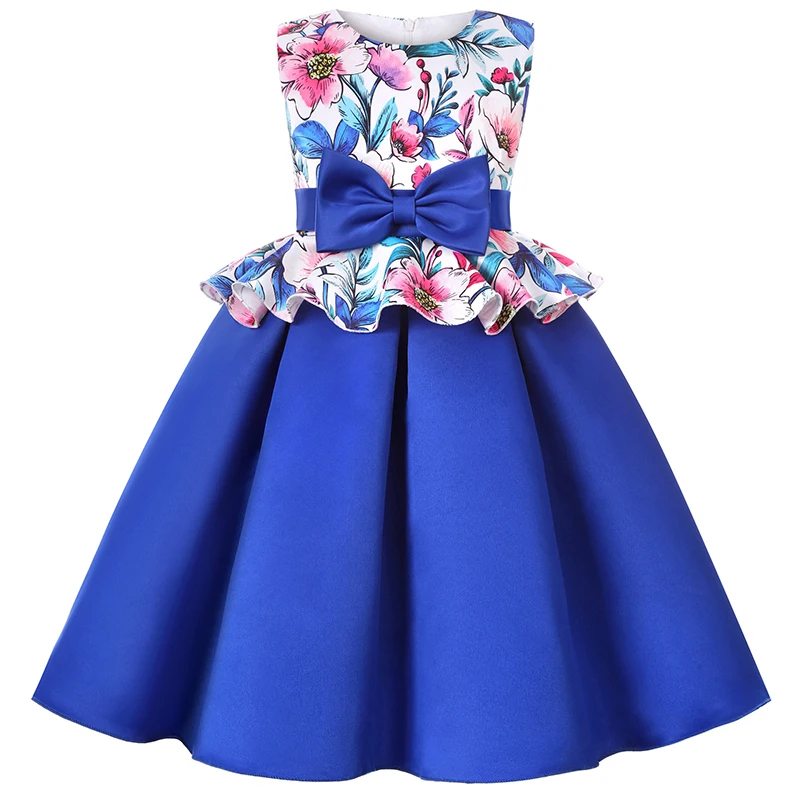 2024 New Girls Dress Flower Print Bow Summer Elegant Little Princess Dress Piano Performance Evening Gowns Children\'s Clothing