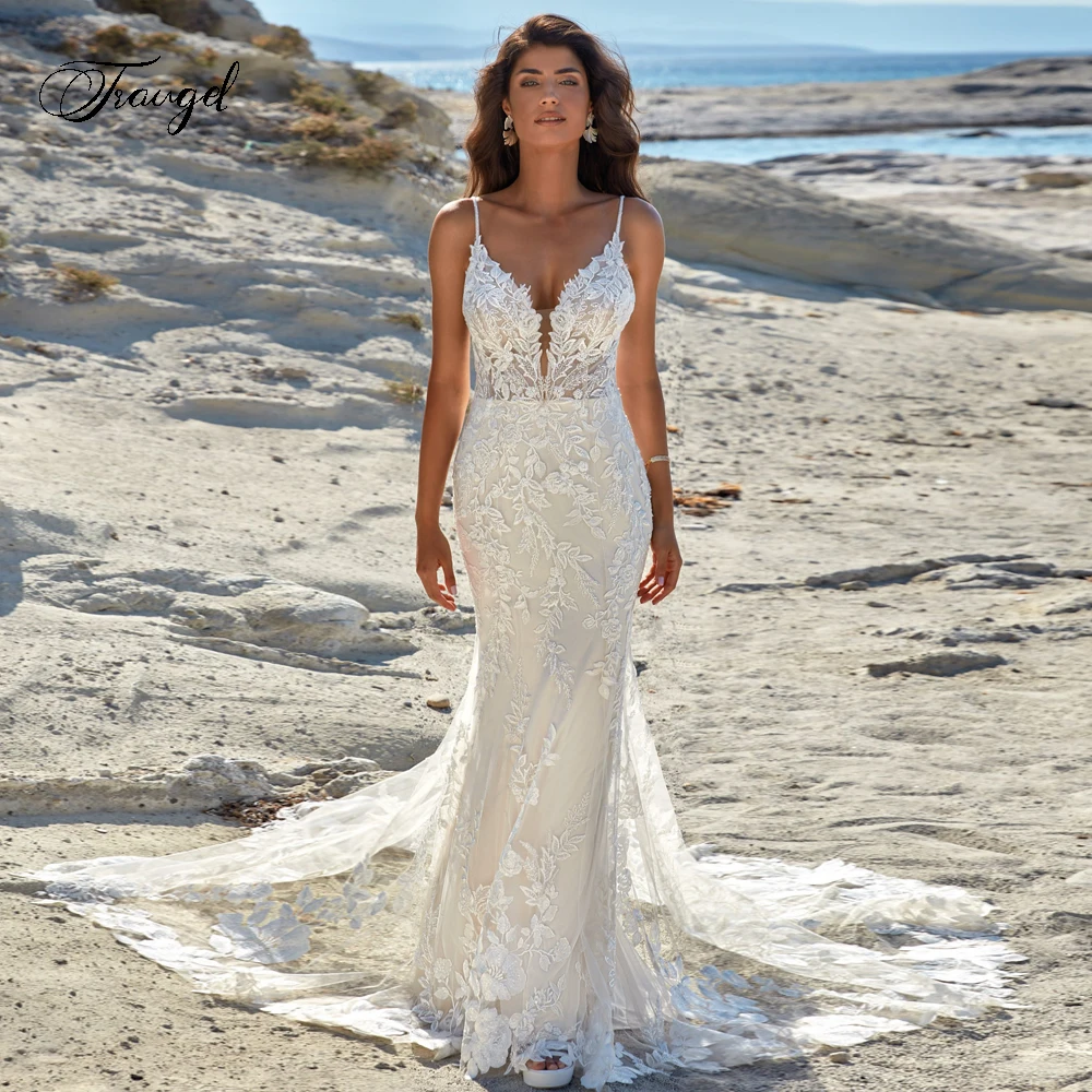 

Traugel Sexy Backless Sweetheart Lace Mermaid Wedding Dresses Exquisite Applique Beaded Court Train Trumpet Bridal Gown