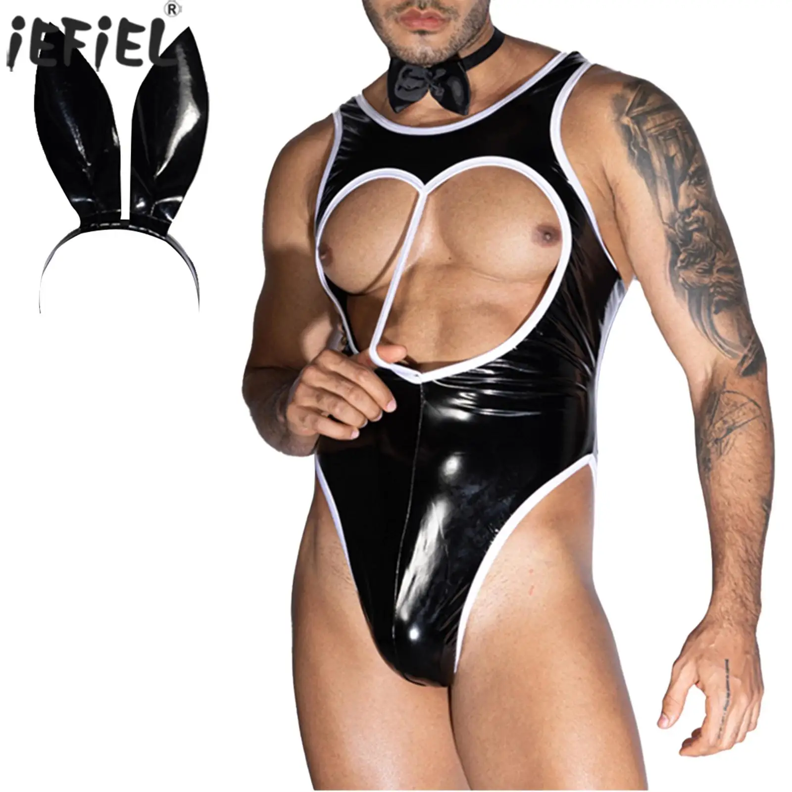 

Men Bunny Policeman Cosplay Erotic Costume Bodysuit See Through Cutout Sleeveless Underwear Uniform with for Men Sexy Outfits