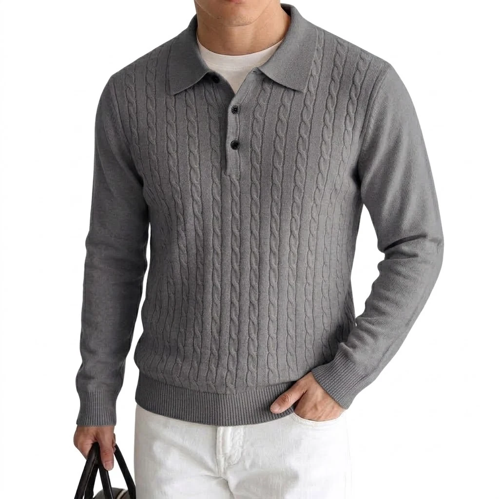 Neue Kabelstrick-Polopullover für Herren, Langarm, lässig, mit Knopfleiste, Vintage-Pulloverhemd, schmal geschnitten, gerippt, Winter-Reversoberteil – Detail 8