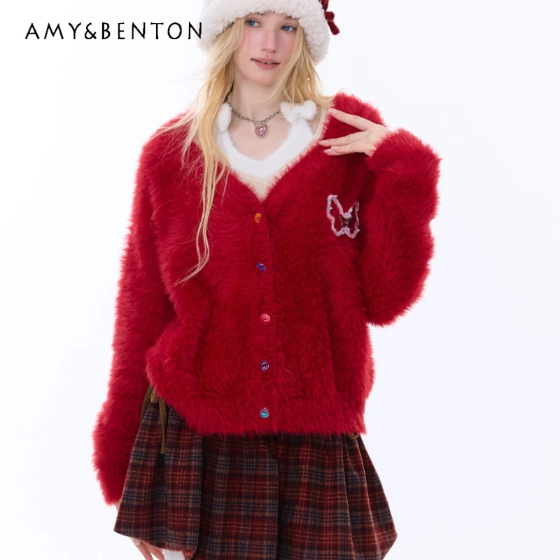 

Американский Ретро Дизайн Красный Новый Год Рождество Женская Одежда Осень Зима Новый Милый Y2k Свободный Кардиган Свитера Пальто Дамы