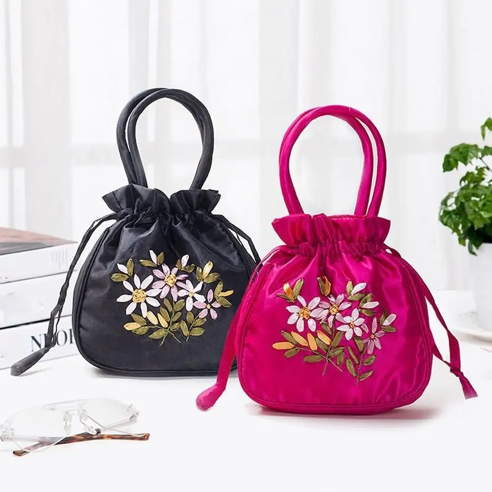 

Retro Elegant Satin Silk Embroidery Totes Floral Pettern Handbag, Women's Fashion Nylon Drawstring Phone Bag Double Handle Purse