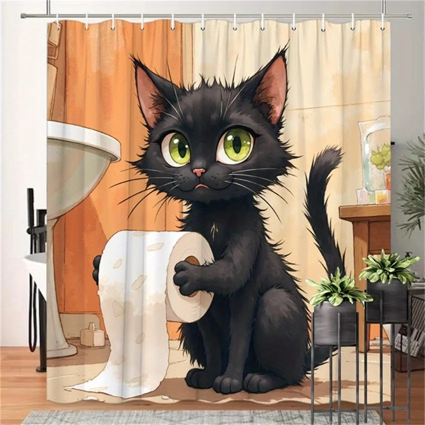 1pc Black Cat Toilet Paper Shower Curtain - Green Eyes, Slightly Annoyed, Earthy Tones, Polyester, 70.8x70.8