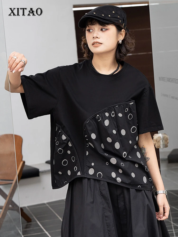 

XITAO Irregular Casual T-shirt Dot Print Patchwork Loose Fashion New Summer Women All-match O-neck Collar Top Simplicity GJ1004