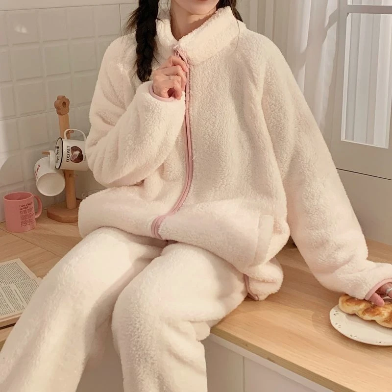 Can Be Worn Outside Thickened Winter Women's Turtleneck Loungewear Set College Students Can Wear Pajamas Zipper Loungewear Set