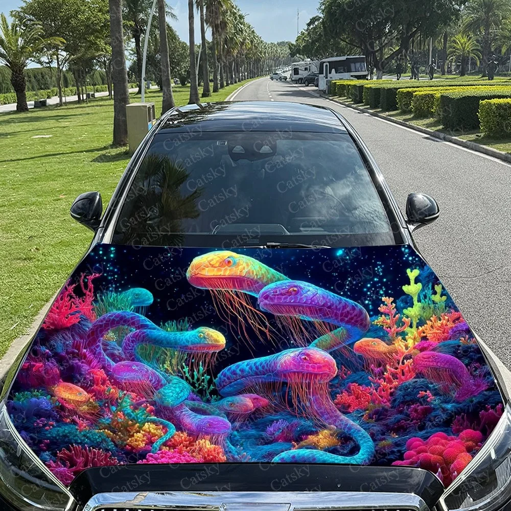

Vibrant underwater scene with colorful snakes and coral on a car hood, perfect for unique vehicle decor.
