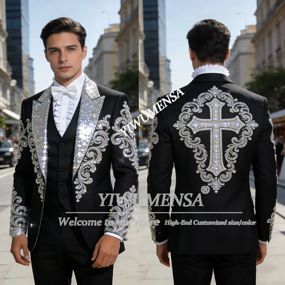 

Роскошный мужской костюм с блестящими пайетками, индивидуальный пошив, с бисером и кристаллами, для выпускного вечера, свадебный смокинг, комплект из 3 предметов, мужские наряды