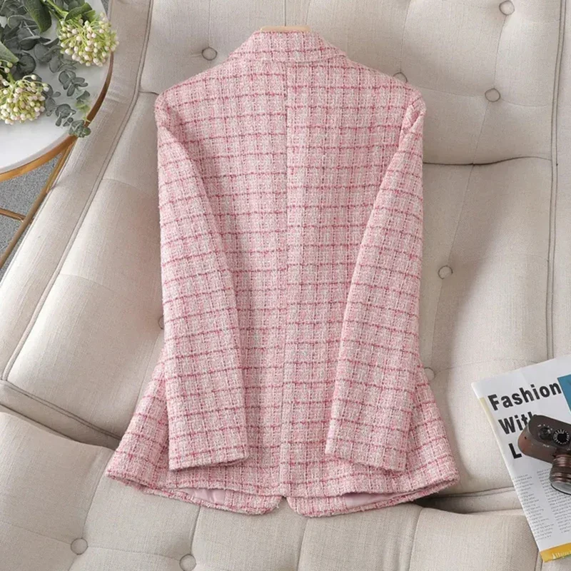 White Pink Plaid Blazer Women Jacket Business Wear Casual Suit Female Tops Autumn Long Sleeve Woolen Blazer Ladies Coat L374