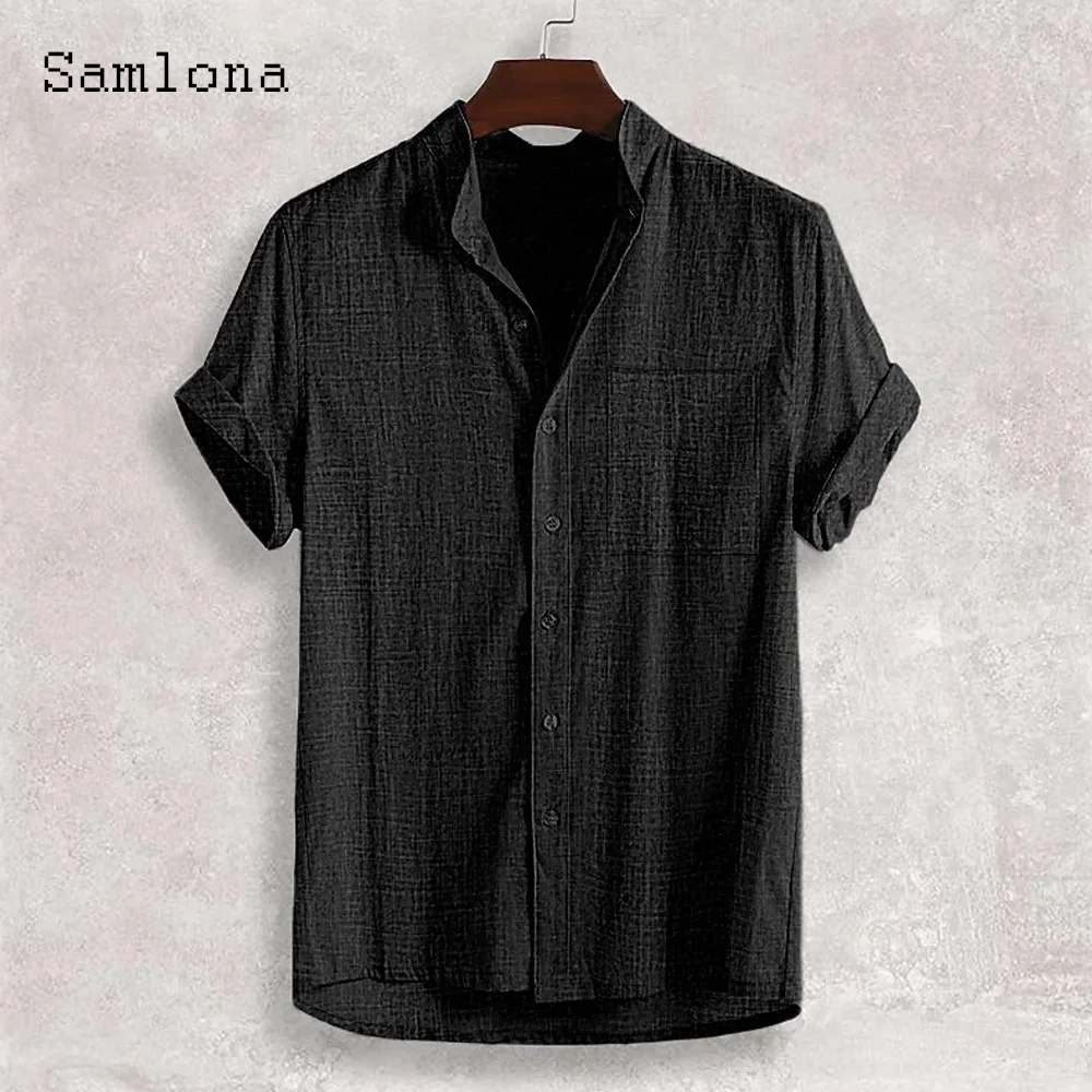 الرجال قصيرة الأكمام مجلس قميص الملابس 2025 جديد الصيف ياقة بلوزة الصلبة الأخضر الكتان حجم كبير قمصان رجالي عادية الشاطئ